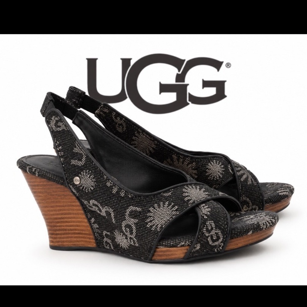 UGG Australia Black Jacquard Sun Logo Print Wedge Sandals Slingback Peep Sz 7